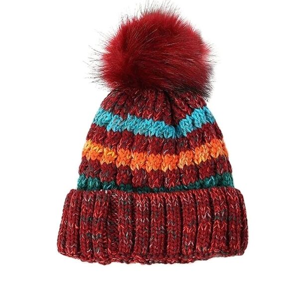 Knit Beanie Large Pompom Fleece - Lined NEW - Picture 2 of 3